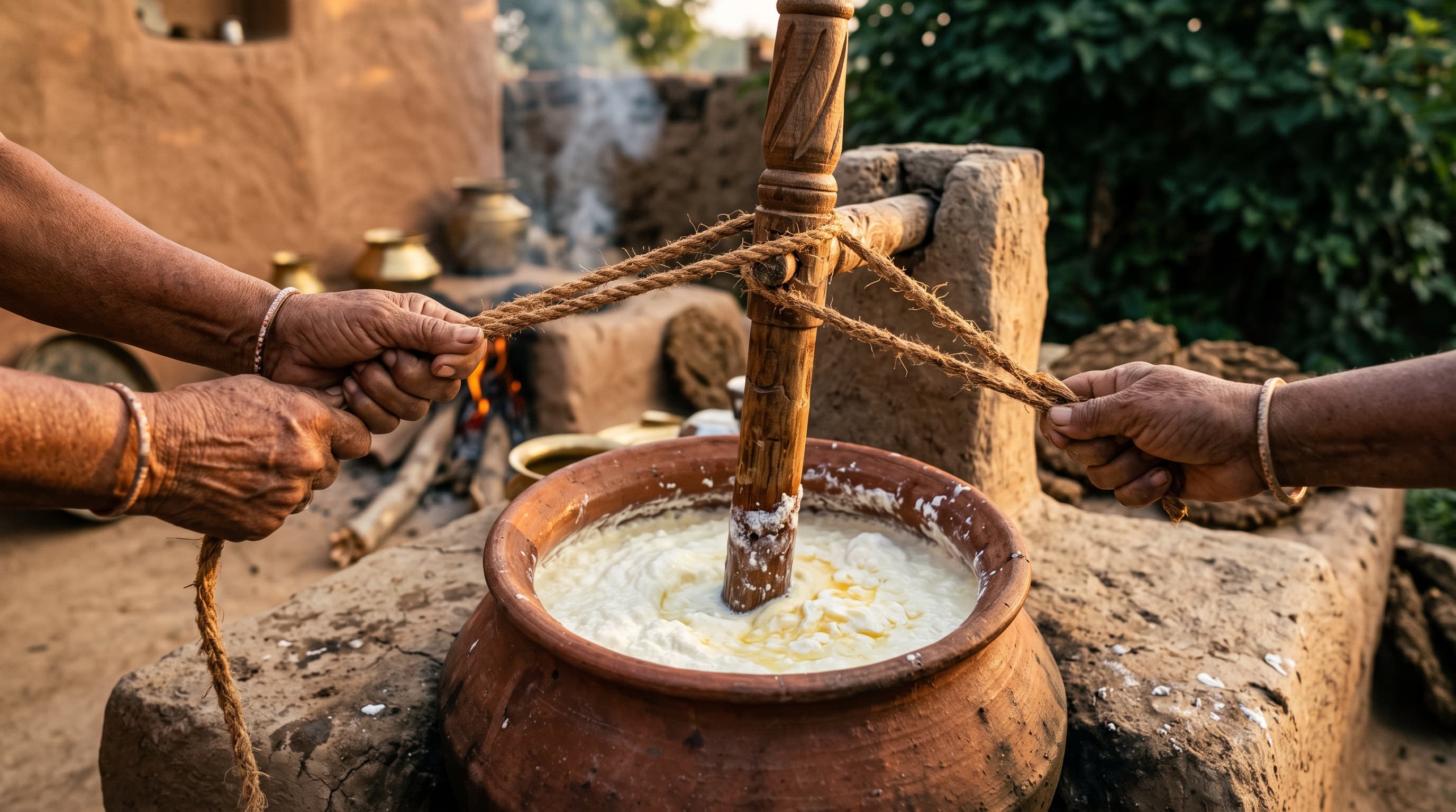 Curd being churned by hand with a wooden bilona in a clay pot