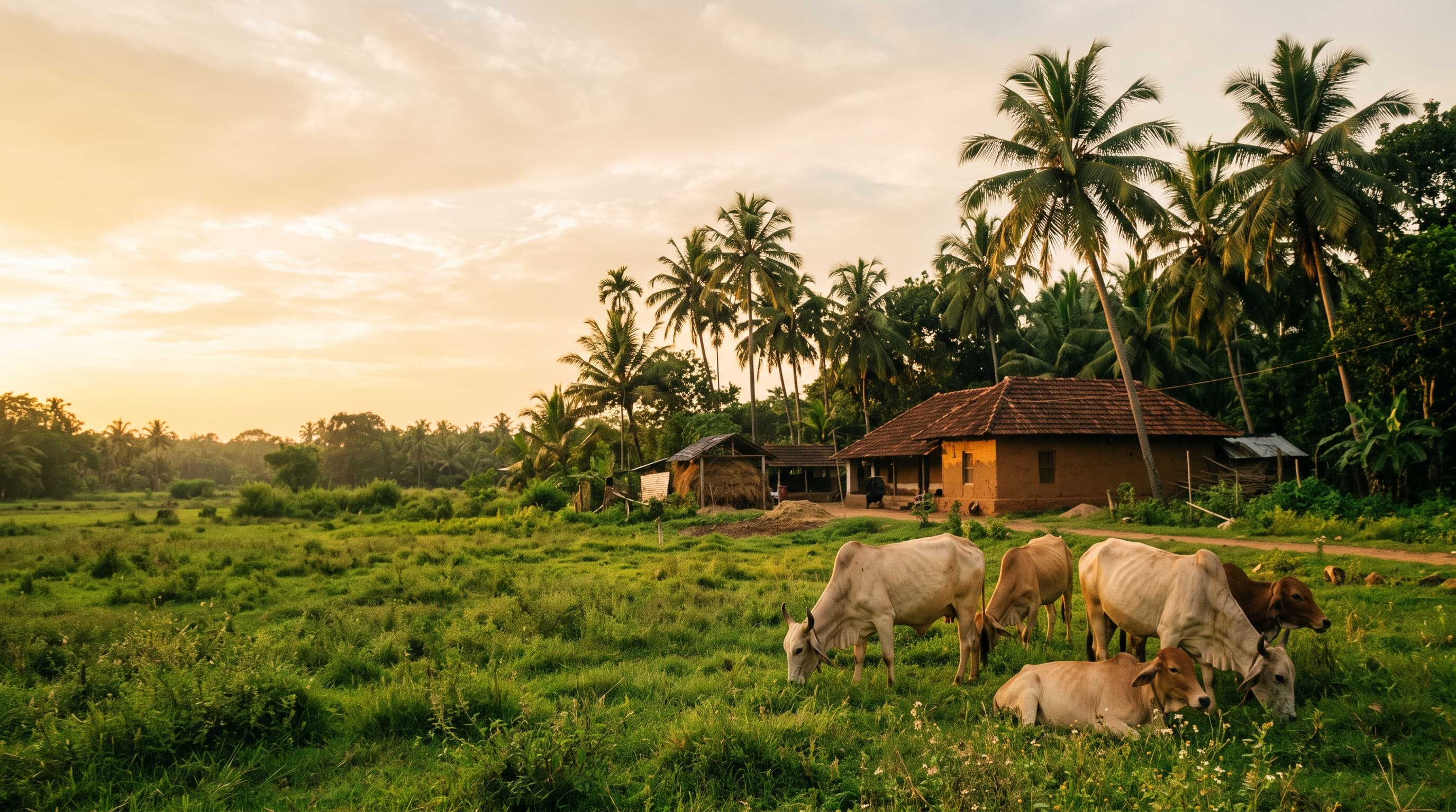Cows grazing on the farm at golden hour