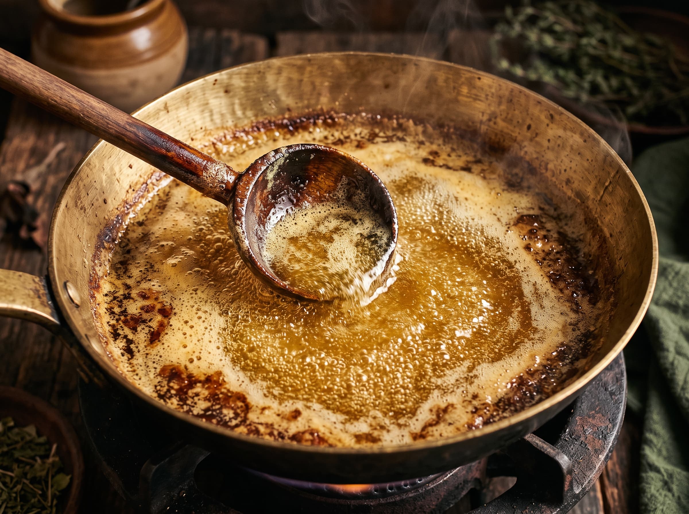 Butter clarifying into golden ghee in a brass pan