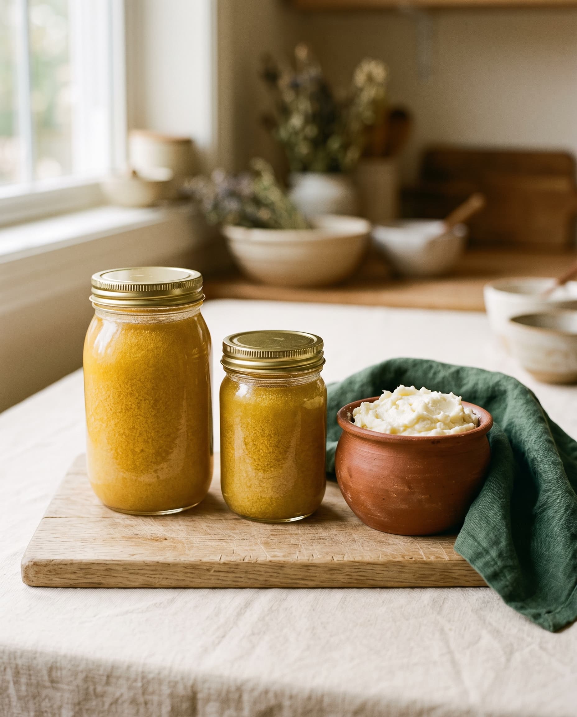Jars of ghee and a pot of white butter ready for delivery