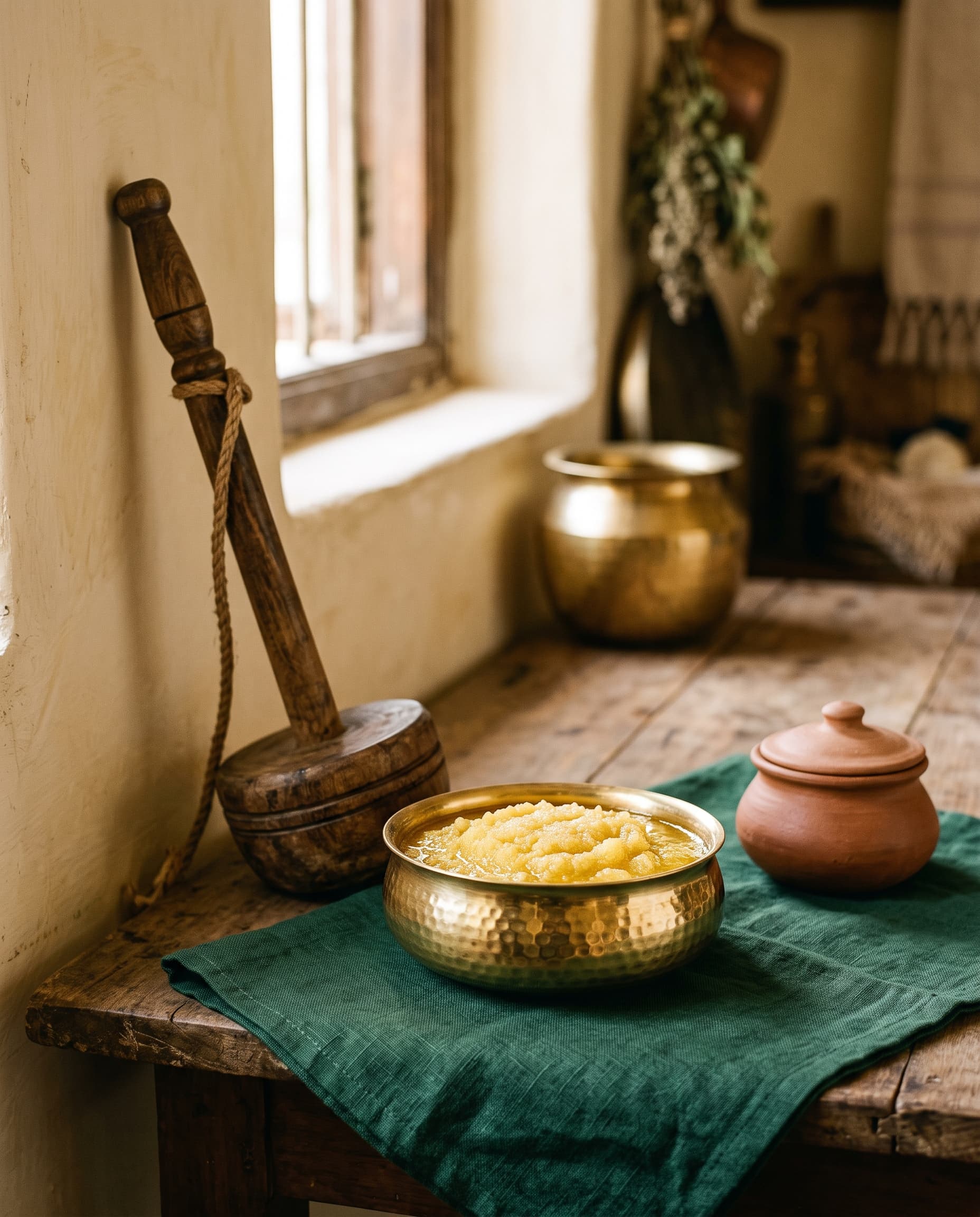 Golden bilona ghee in a brass bowl beside a wooden churner