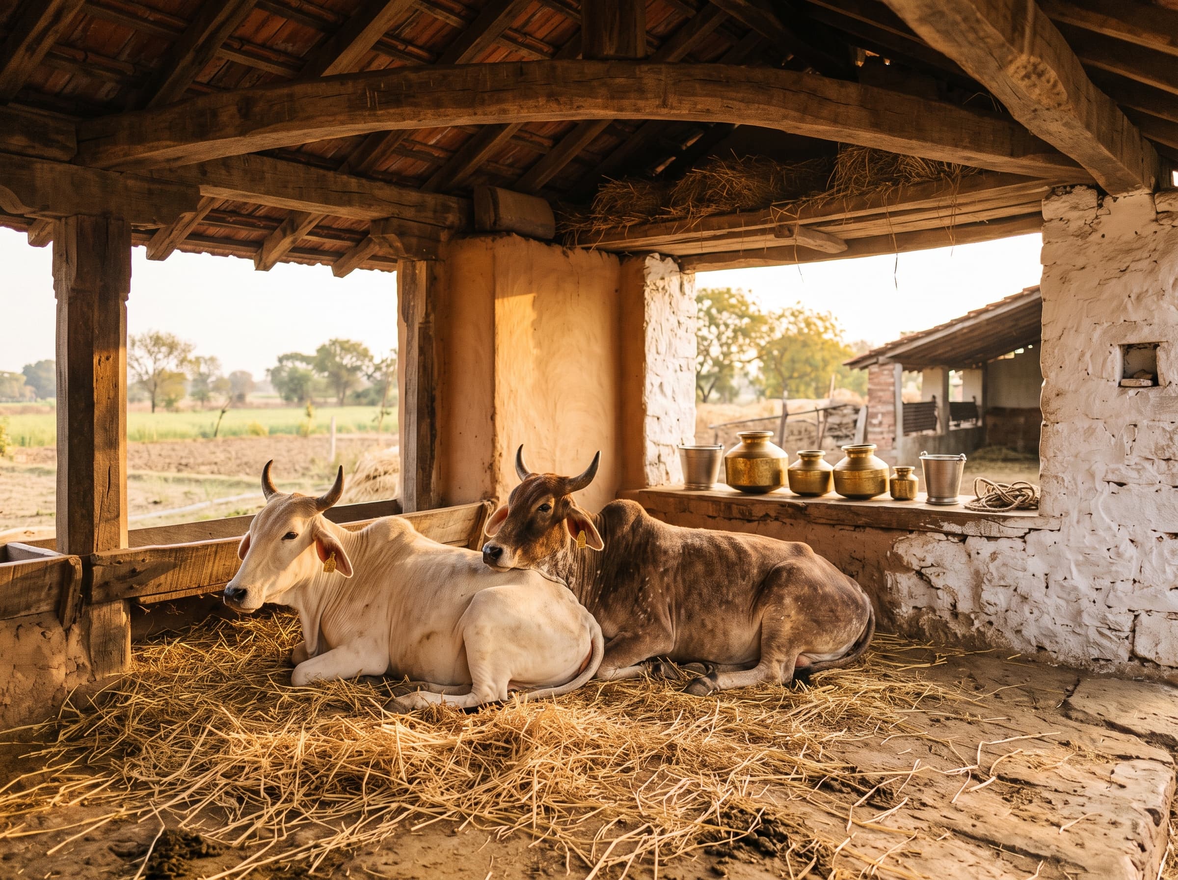 Two cows resting on straw in a sunlit cowshed