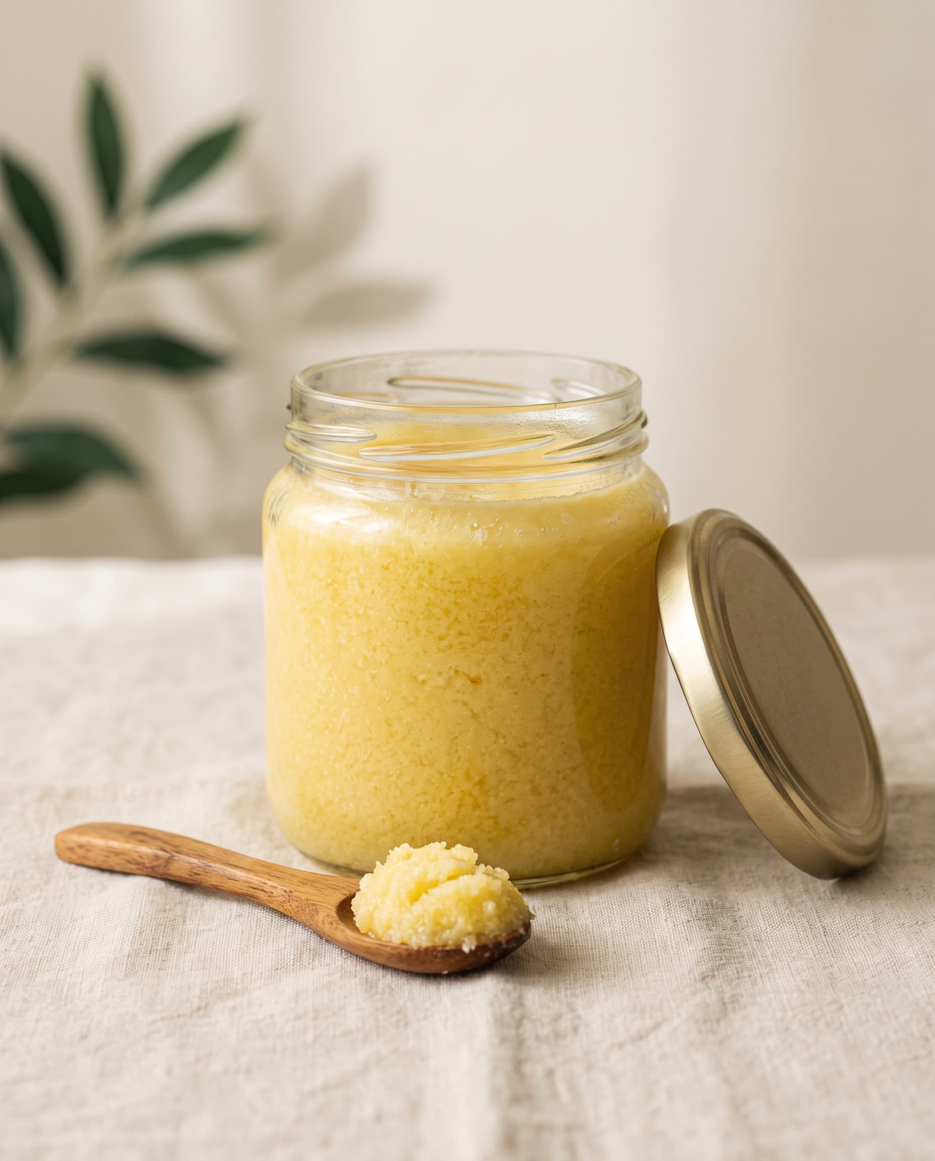Glass jar of golden granular desi ghee with a wooden spoon