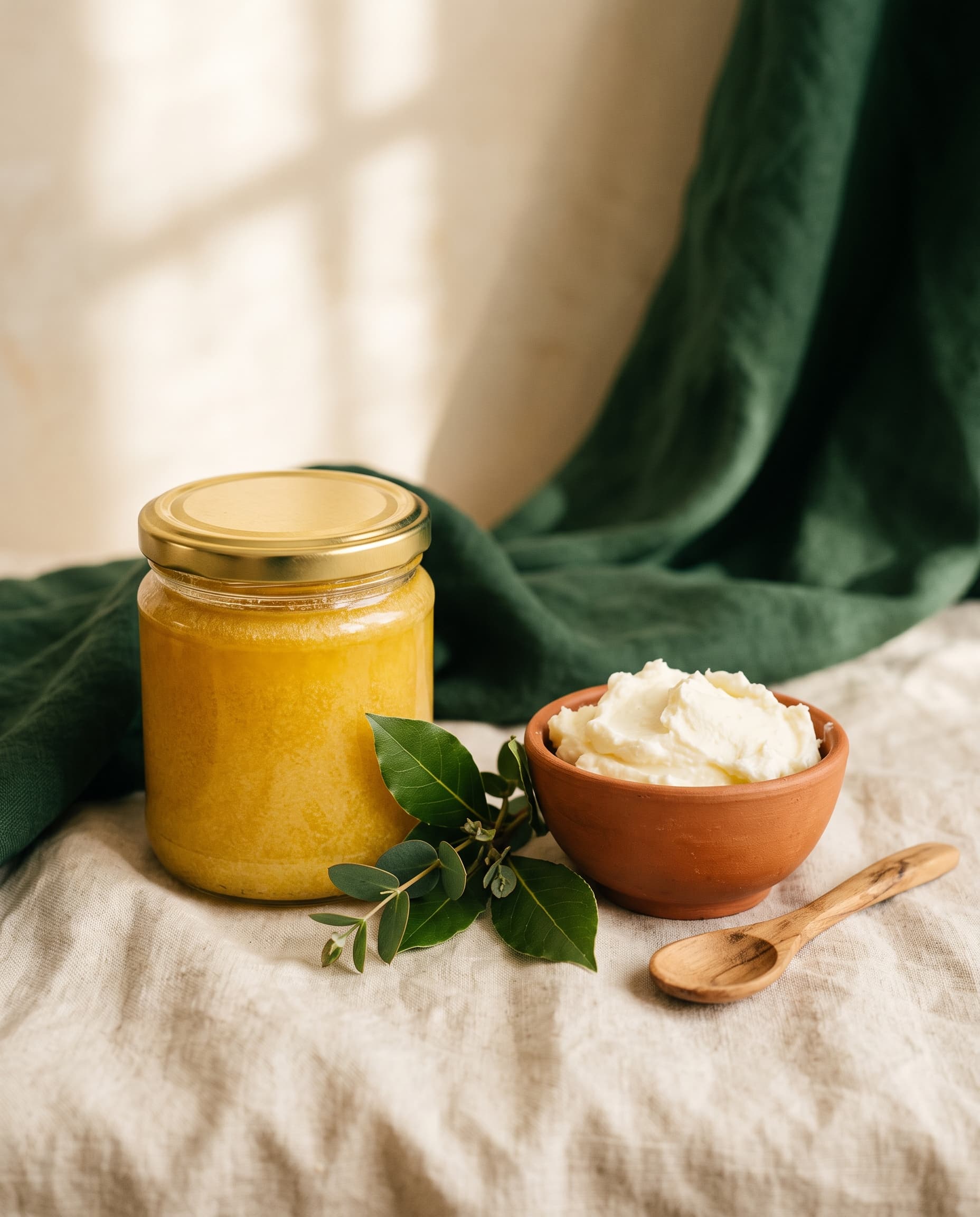 A jar of golden ghee beside a bowl of fresh white butter