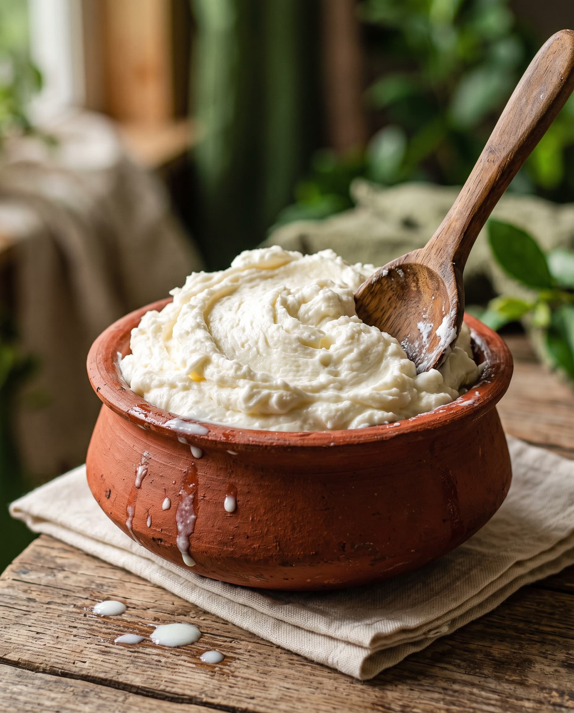 Fresh white butter heaped in a terracotta clay pot with a wooden spoon